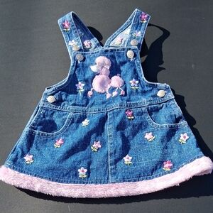 Denim Poodle Embroidered Girls' Overall Dress in Blue and Pink